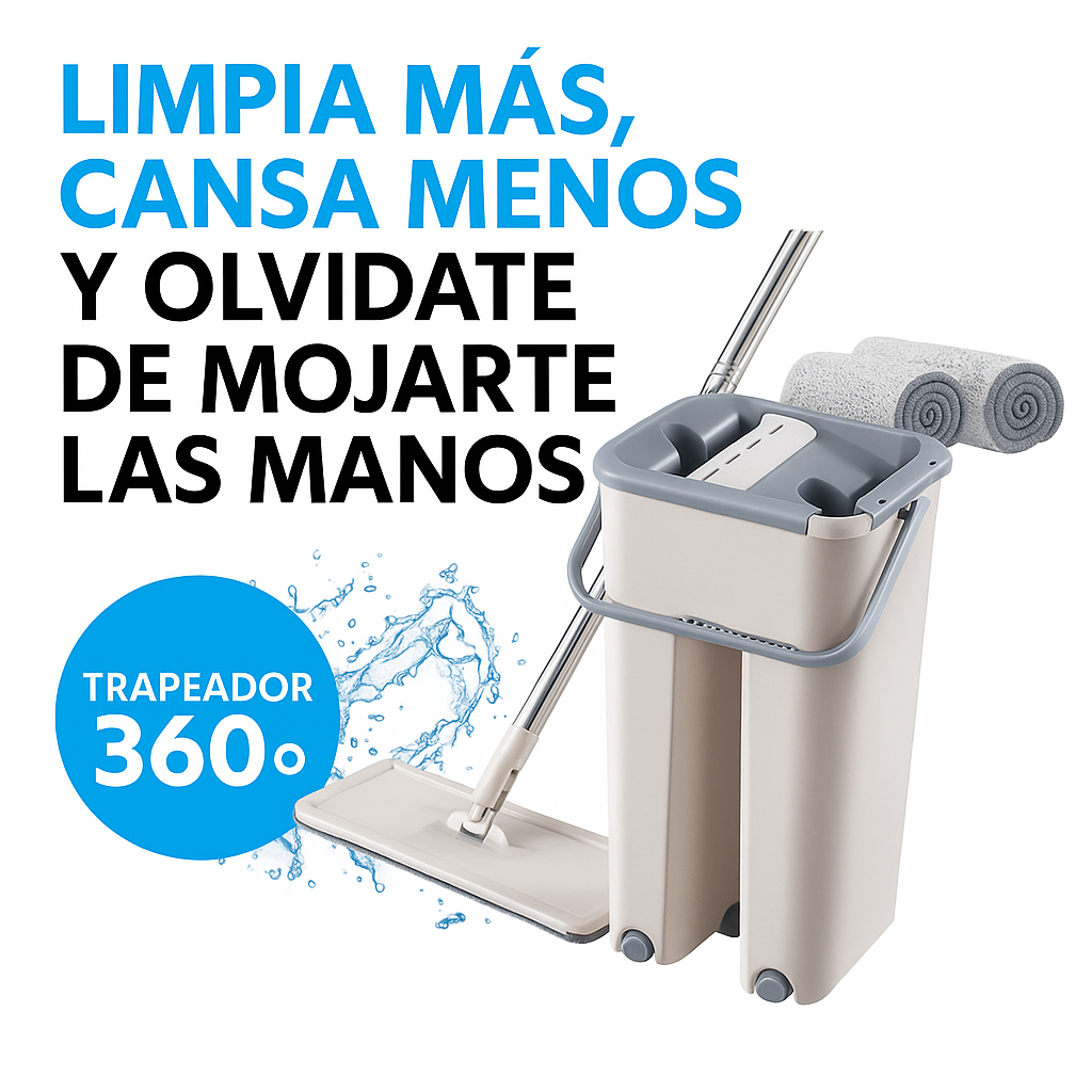 TRAPEADOR CON BALDE ESCURRIDOR 360° ¡Despídete del esfuerzo, la suciedad y los pisos mal limpiados!