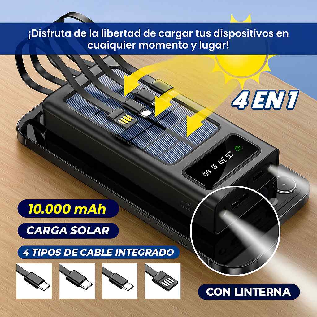 Powerbank solar con cargador para celular 4 en 1 y linterna incluida